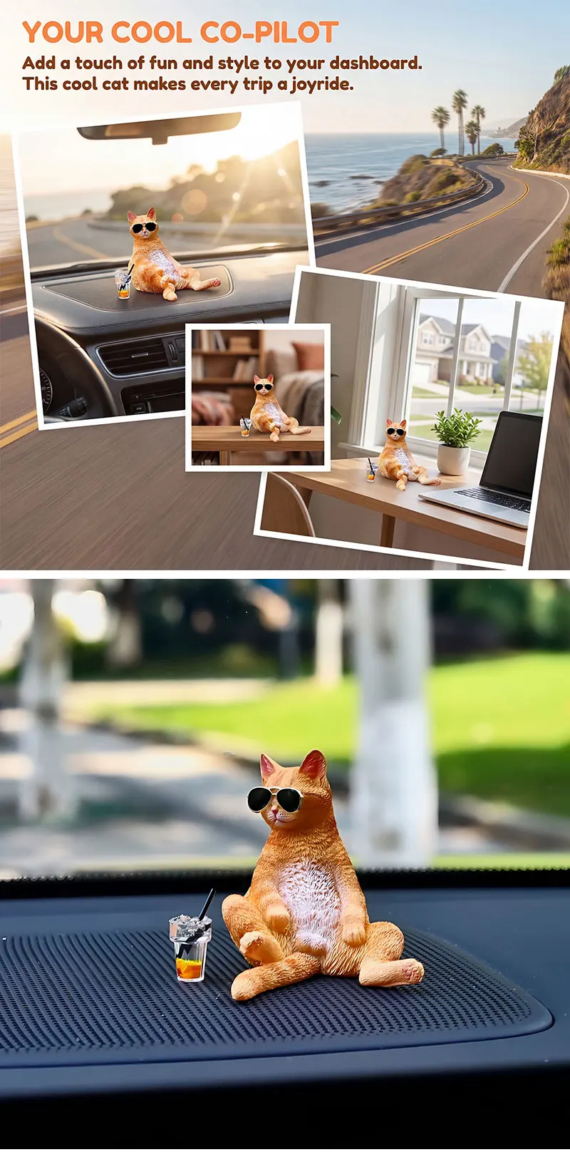 Harz-Figur: Fauler Katzen-Auto-Dekor für das Armaturenbrett – Coole Katzenfigur mit Getränk, niedliches Auto-Ornament für Katzenliebhaber & Fahranfänger, Auto-Innendekoration – Detail 3