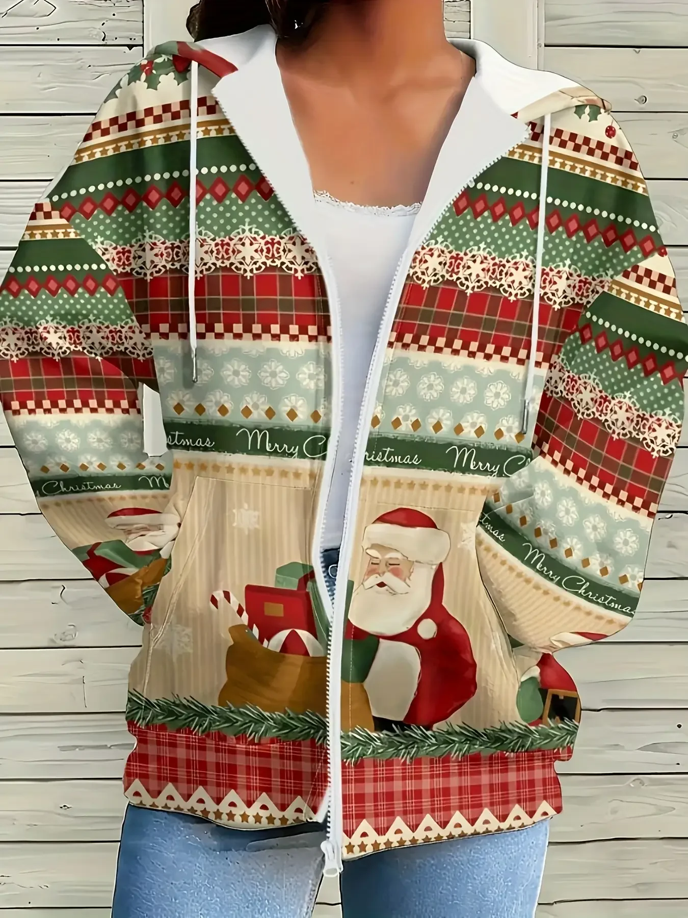 

Women's Christmas Zip-Up Hooded Sweatshirt, Casual Fashion Simple Wear,Slightly elastic, knitted fabric jacket