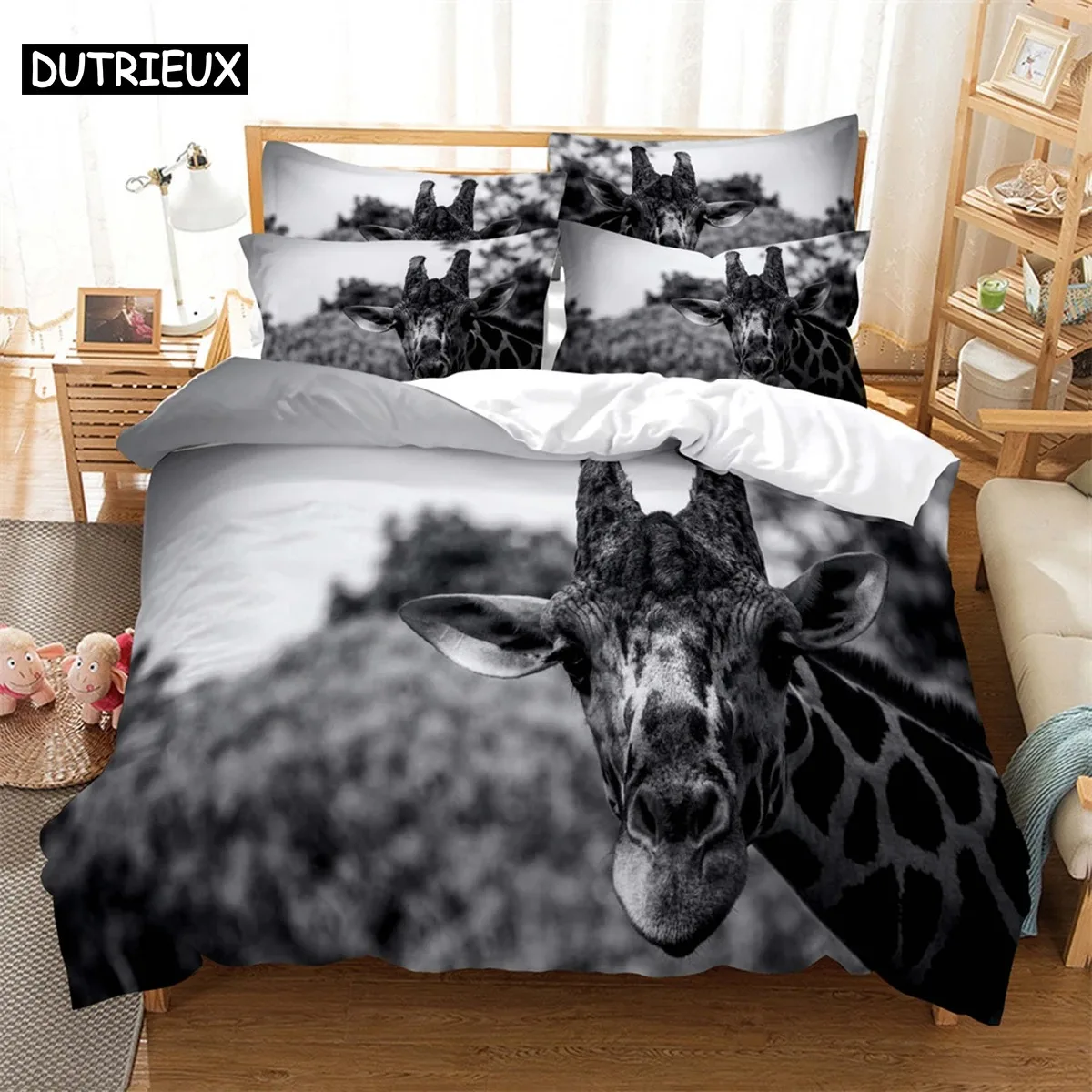 Giraffe Bedding 3-piece Digital Printing Cartoon Plain Weave Craft For North America And Europe  Bedding Set Queen