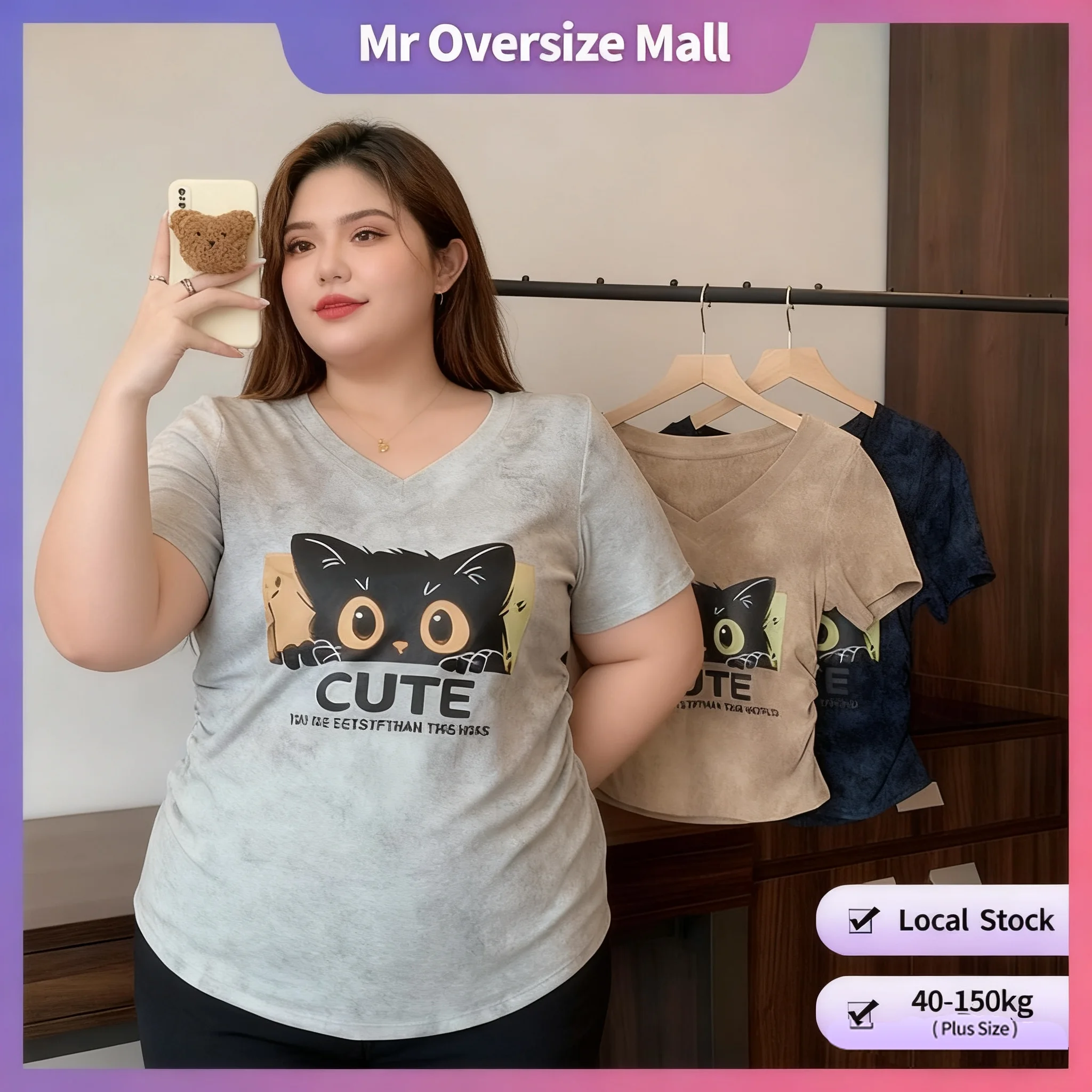 

【Oversize T shirt】(40-120kg) Women cartoon short sleeve top plus size fashion v neck tie dye t shirt