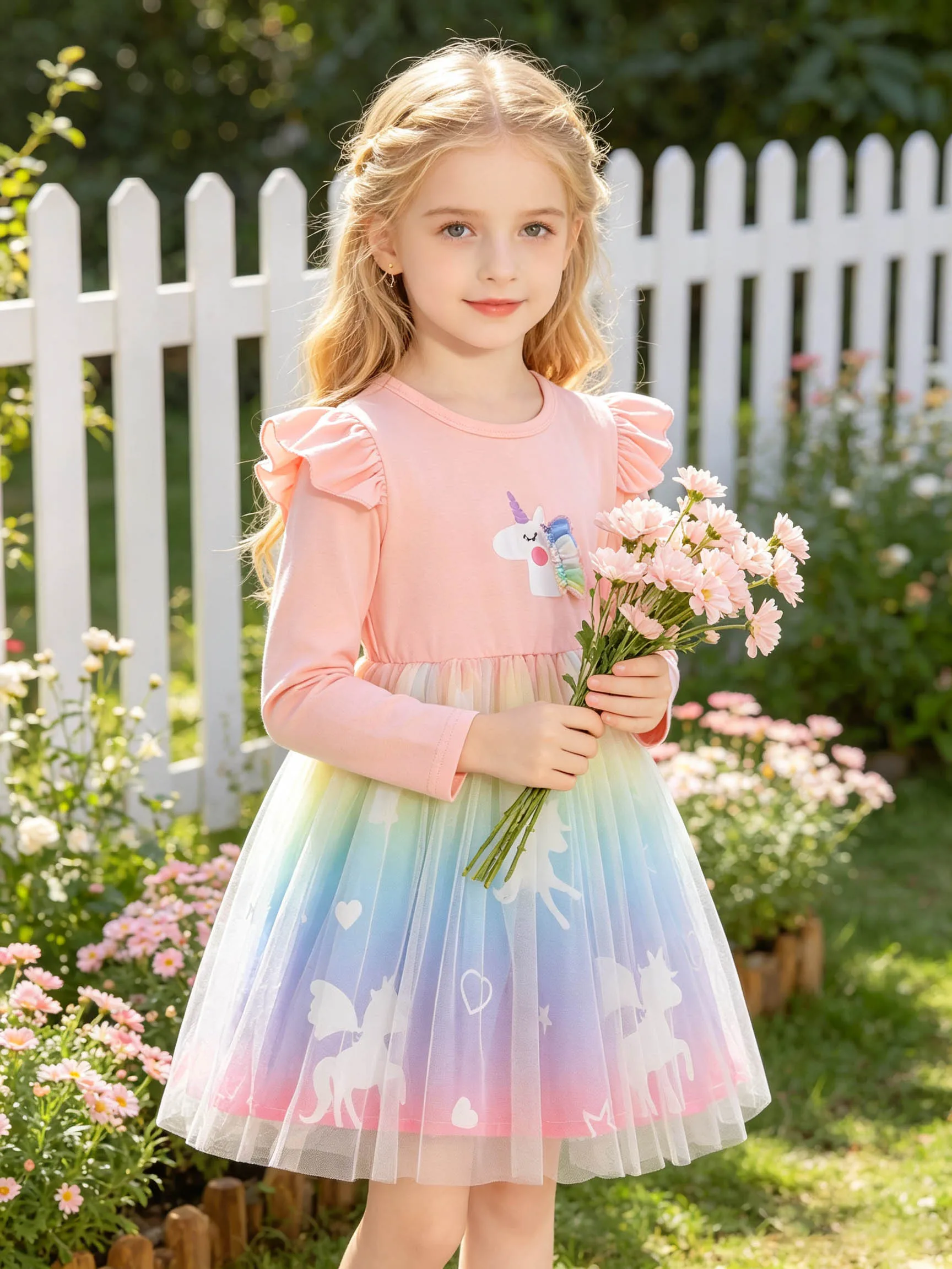 Mädchenkleid in Rosa mit Rüschen und Langen Ärmeln, Einhorn-Design, Makronen-Farbverlauf Regenbogen-Tüll Herz Pegasus Prinzessinnenkleid – Detail 5