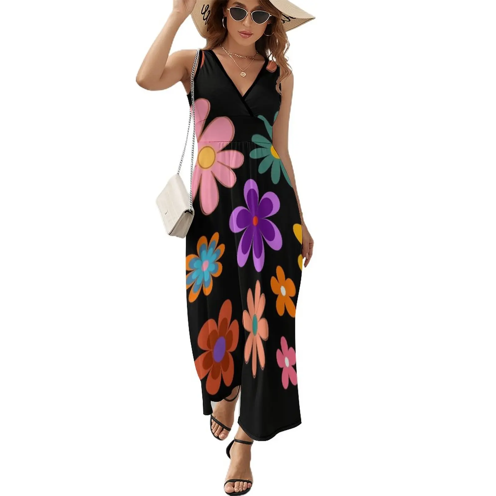 

Go Go Girl Retro 60's Multi Color Flowers Fun French Design Sleeveless Dress Woman's evening dress clothes