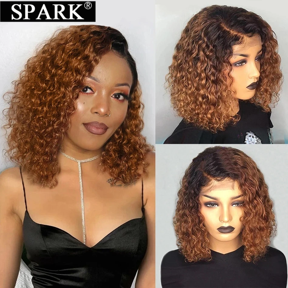 13x4 Lace Frontal Human Hair Wig Ombre Deep Curly Bob Wig #1B/30 Color T Part Lace Wig For Black Women Brown Blonde Hair 4x4Lace