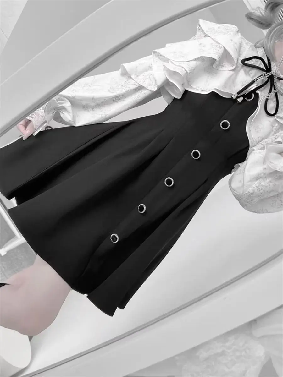 일본 카와이 로리타 드레스 여성 달콤한 Y2k 미적 레이스 패치 워크 가짜 두 조각 프릴 드레스 고딕 파티 미니 드레스