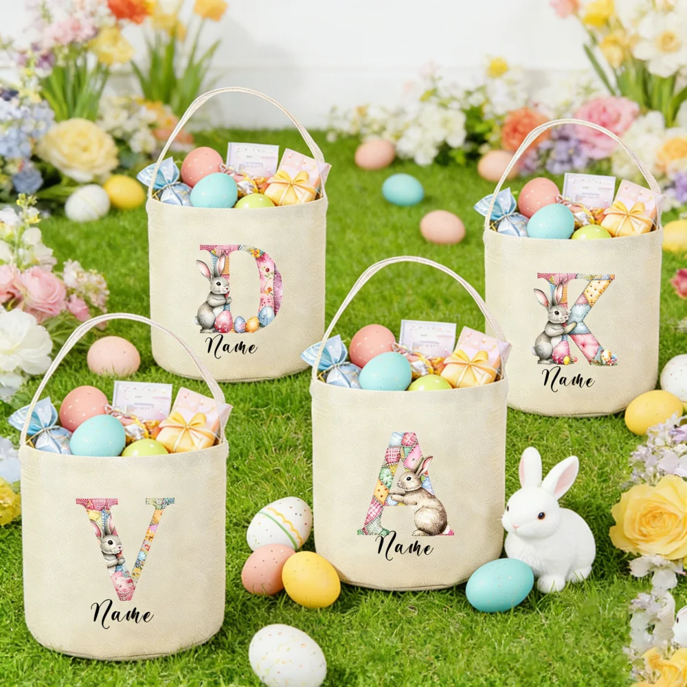 

Personalized Easter Basket with Name Initial Bunny Basket for Kids Custom Easter Bag for Boys Girls Kid Egg Hunt Bag Easter Gift