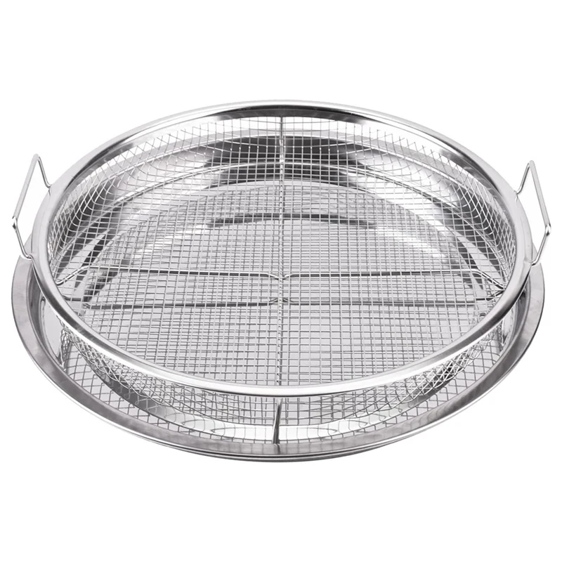 2 Pcs Round Stainless Steel Air Fryer Basket For Oven, Crisper Tray And Basket 13 Inch, Oven Air Fry Pan Mesh Basket Set