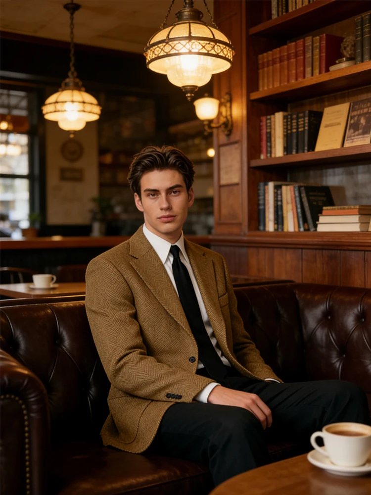 

Men's Suit Jacket Herringbone Tweed Sports Jacket British-Style Single-Breasted Formal Jacket Slim Fit Coat For Wedding Business