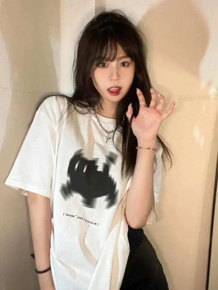 Y2k Aesthetic Print Basic Women T-shirts Streetwear All Match Loose Tops Short Sleeve Casual Harajuku Oversize O Neck Tee