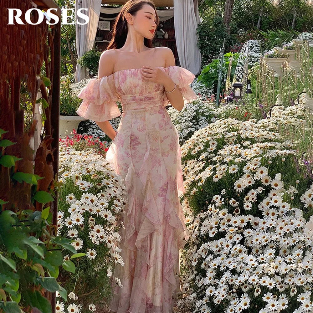 

ROSES Pink Evening Dress Off Shoulder Floral Print Formal Gown Ruffled Mermaid Night Dresses Zipper Back Prom Dresses Customized