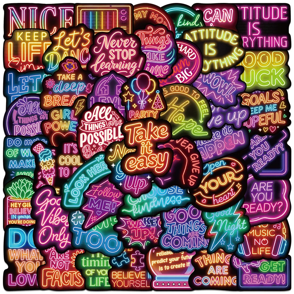 10/30/50pcs Positive Affirmation Quote Cartoon Stickers Neon Inspirational English Phrase Decals Suitcase Phone Laptop Sticker