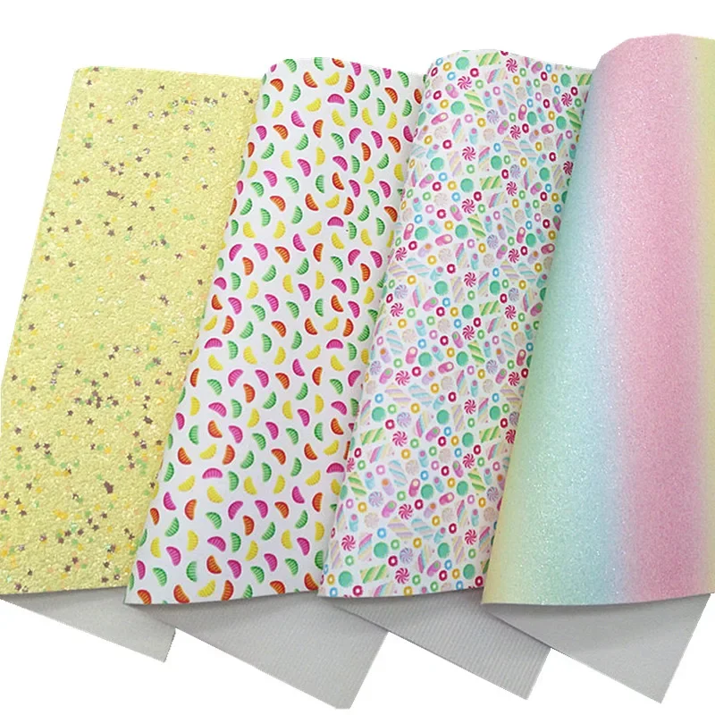 Rainbow Shimmer Glitter Leather Sheets Yellow Glitter with Stars Jelly Candies Printed Synthetic Leather For Bows 21x29CM Q1170