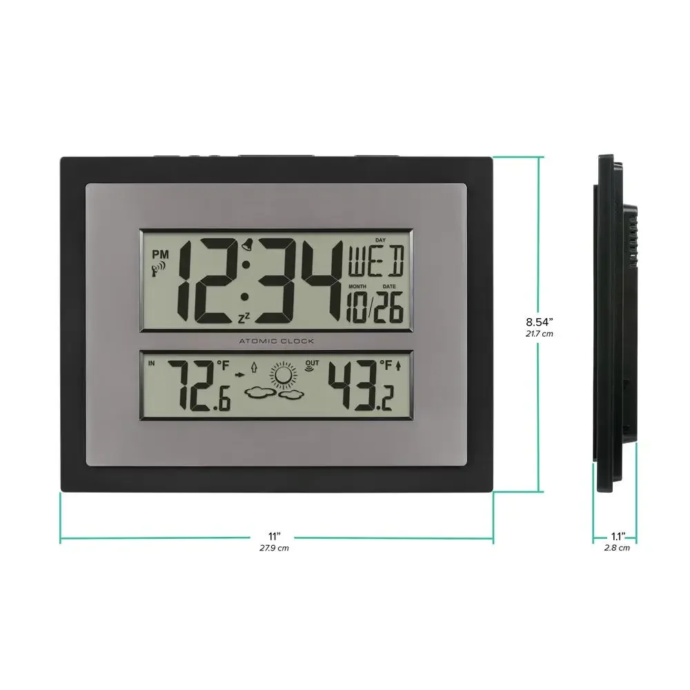 Digital Atomic Time & Date Clock w/ Indoor/Outdoor Temp Sensor Elegant Design Daylight Saving Time 7 USA Time Zones Wall/Stand