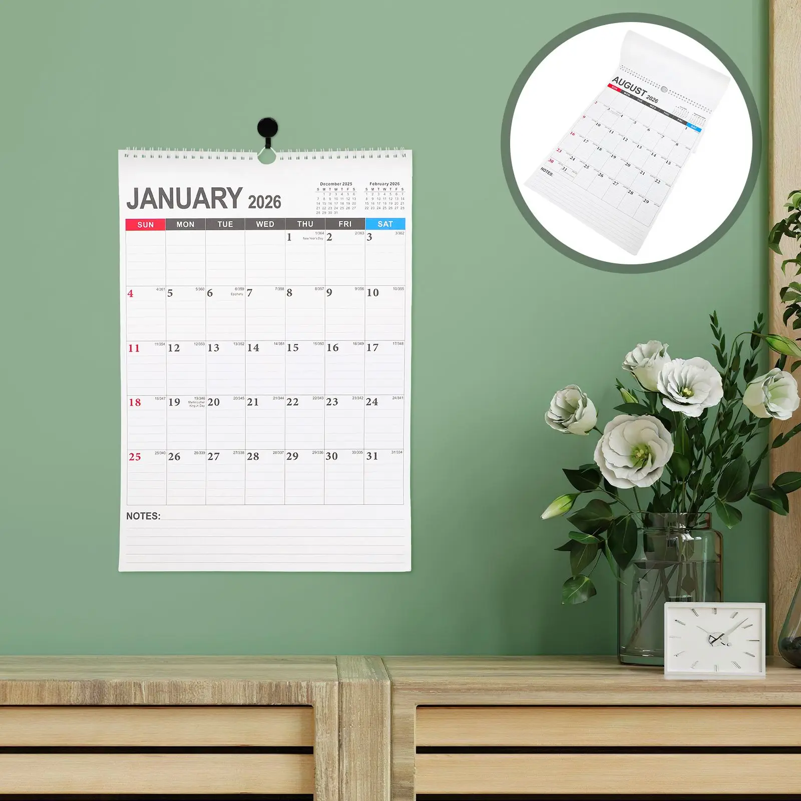 2026 تقويم الحائط 18 شهرًا مخطط شهري سلكي 2025 2026 مادة منزلية قوية خط كبير تصميم بسيط ديكور العطلات