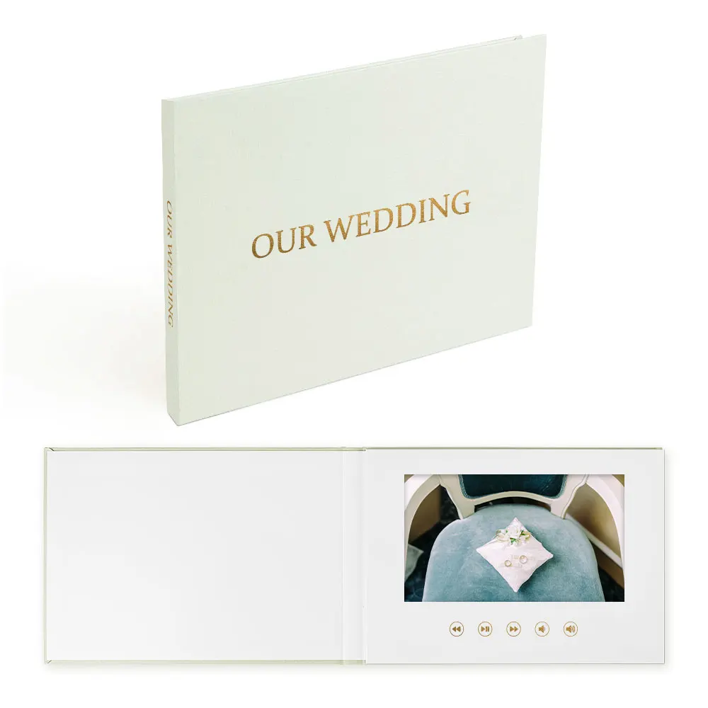 

Customized digital video brochure linen bound wedding OUR WEDDING GOLD FOIL linen video book