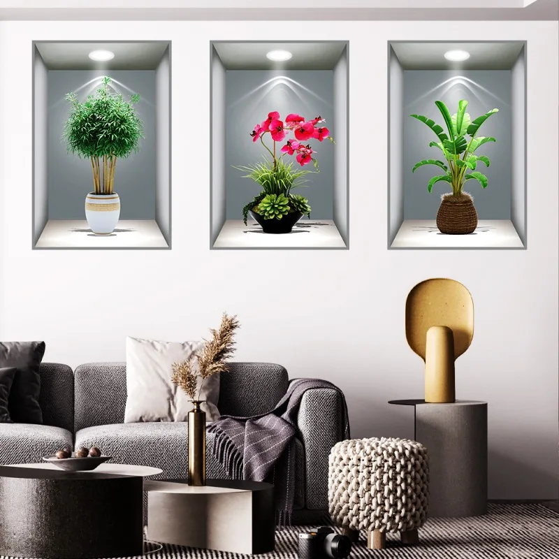 3D Simulation of Plant and Flower Effects Self-adhesive Potted Plant Stickers Corridor and Staircase Decoration Painting