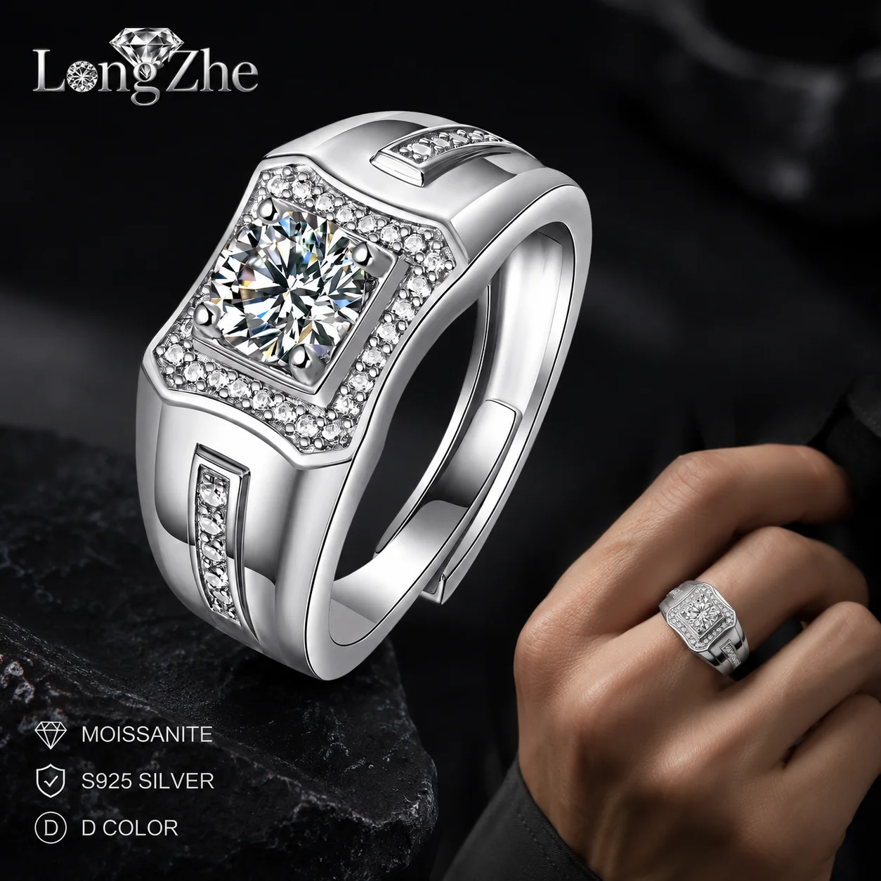 LongZhe Moissanite Ring Silver 925 Ring for Men 1CT 6.5mm Round Cut CZ Side Stone Adjustable Mens Ring Fine Jewelry Gift Party