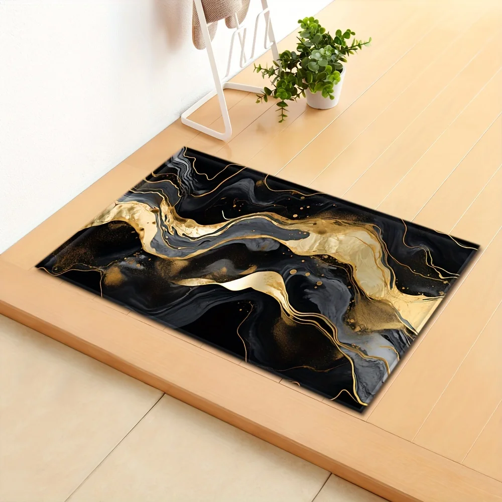 Luxury Black Gold Marble Kitchen Runner Rug Set, Modern Abstract Fluid Art Non-Slip Absorbent Floor Mats for Entryway Bathroom