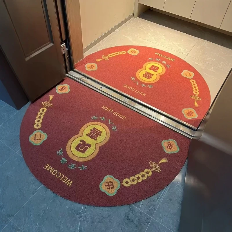

New Year's Red Silk Circle Door Mat Half round Anti-Slip Mat for Year Entrance Home Decor Festive Creative Design
