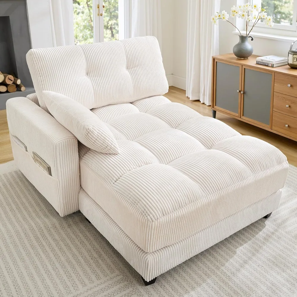 

44.1" W Oversized Chaise Lounge Chair Indoor, Corduroy Sleeper Sofa Bed with Switchable Armrest & Pillows, Upholstered Lounge Re