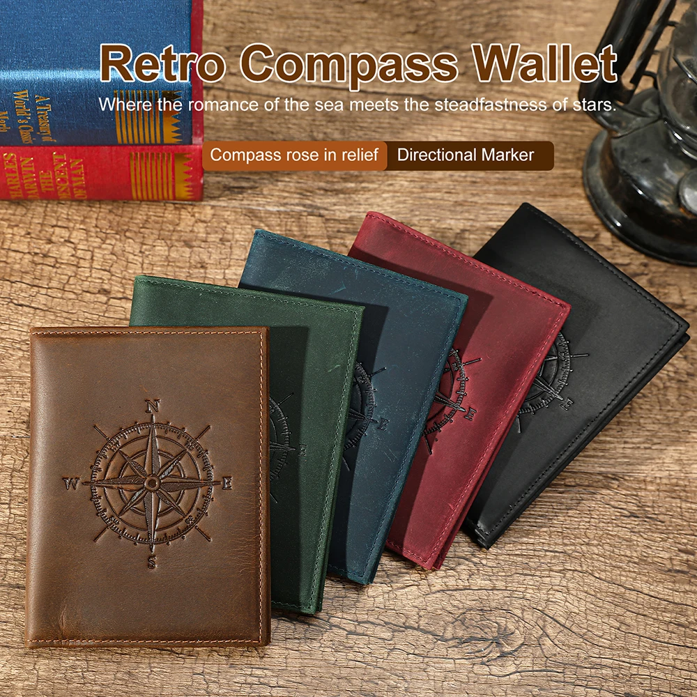 Retro Compass Embossed Genuine Leather Wallet RFID Blocking Crazy Horse Leather Multi-functional Bifold Purse with AirTag Holder
