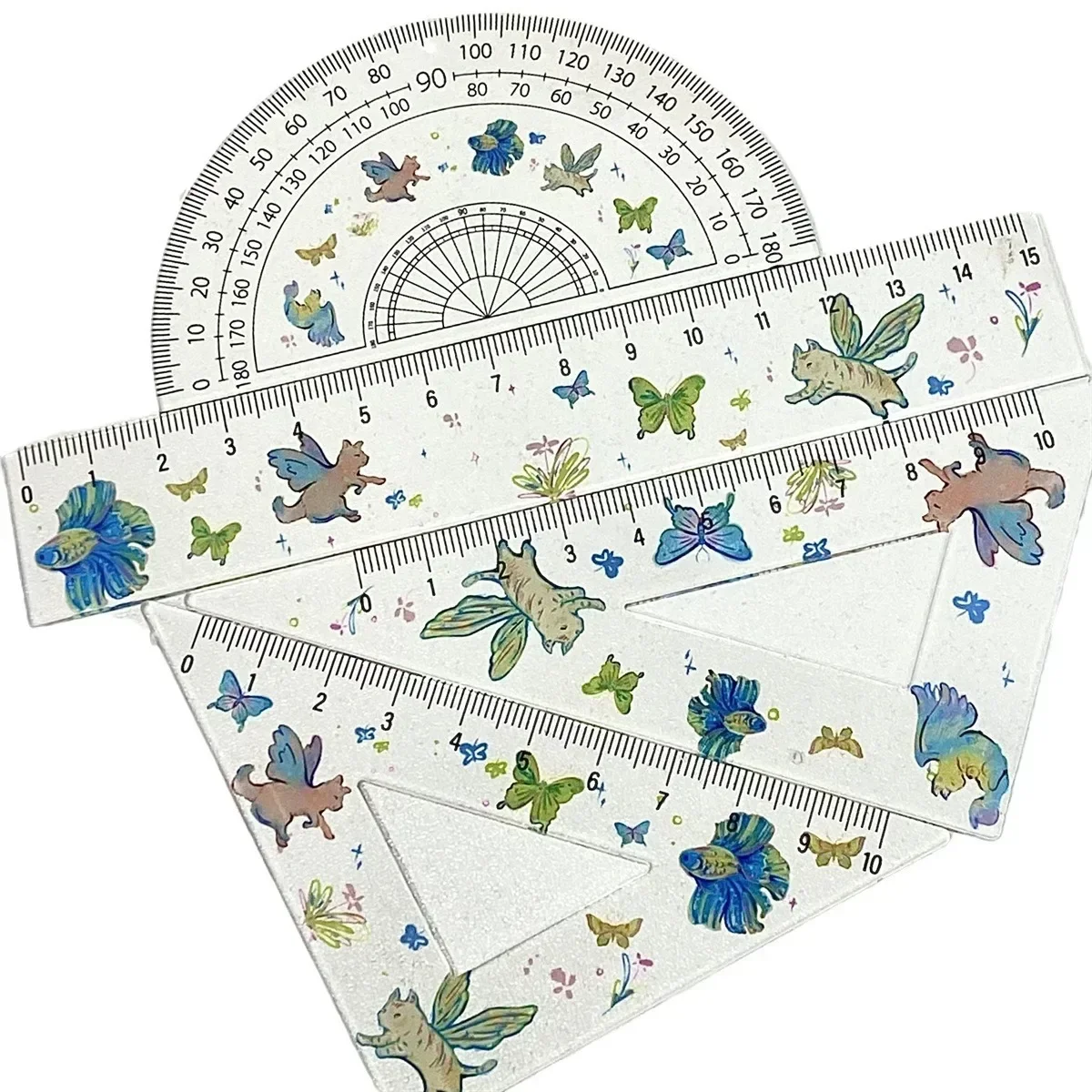 Ins Cute Color Magical Cat with Wings Transparent Ruler 4-piece Set Student Triangle Ruler Protractor Plastic Ruler Stationery