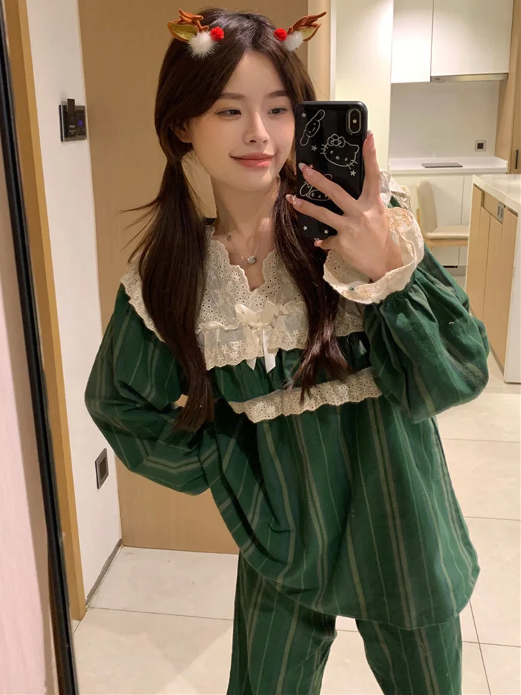 Lace New Christmas Green Cotton Warm Thicken Cute Stripe Long Sleeve Pajama Set Women Winter Korean Princess Casual Sleepwear