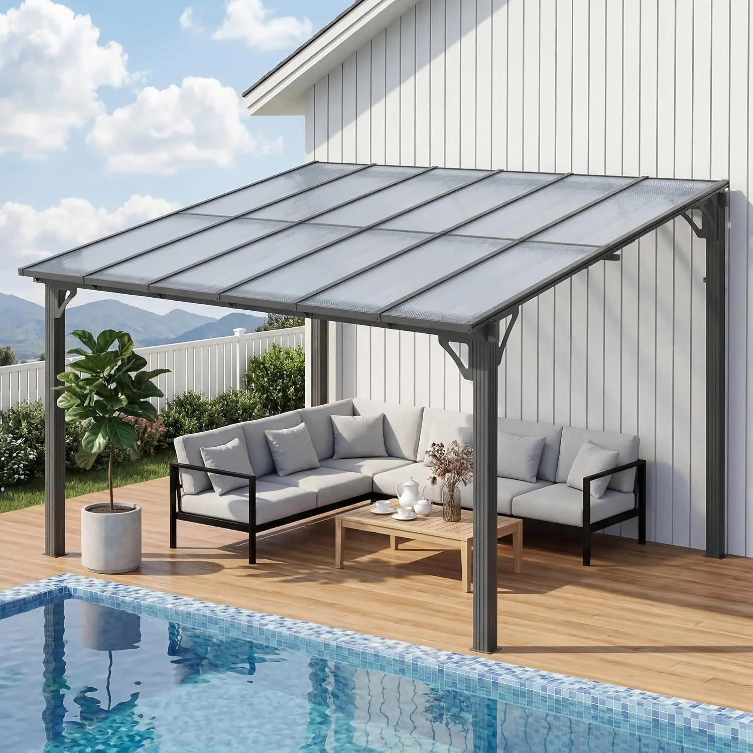 10'x12' Lean to Gazebo Aluminum Frame Wall-Mounted Hardtop Pergola Polycarbonate Sloped Roof Backyard Porch Deck, Customized