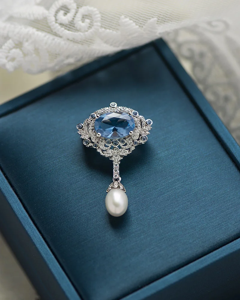 Luxury Detachable Blue Spinel Crystal Pearl Pendant Brooch High Quality Elegant Gemstone Pin  Jewelry for Women Banquet