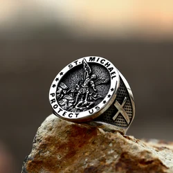 2023 new Steel Soldier Cool Stainless Steel Silver Color Christian Lorraine Archangel Michael Cross Titanium steel Rings