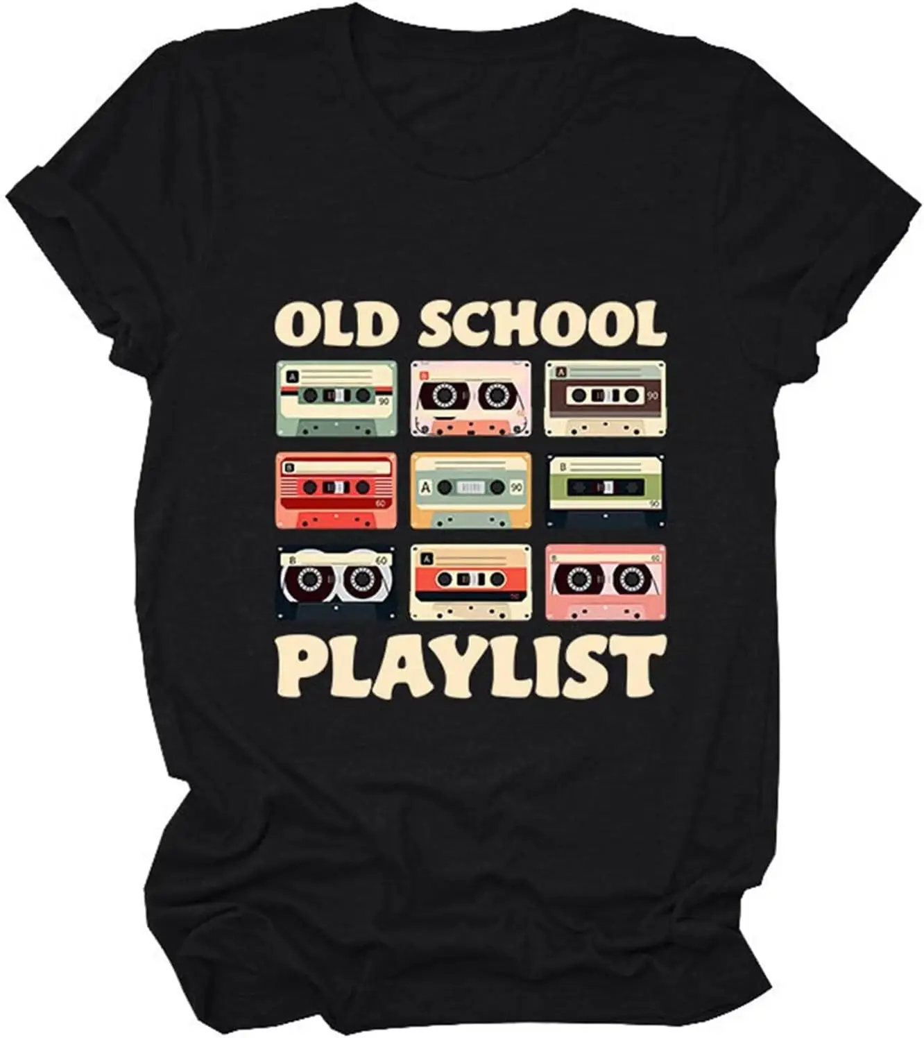 Old School Playlist.Graphic Tees for Women Various Cassette Retro T-shirts Nostalgic Music Enthusiasts Gifts