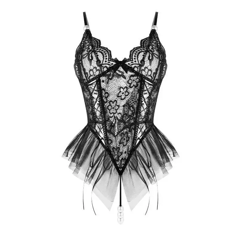 Sexy Bodysuits For Women Dark Night Beaded Seductive Lace Trimmed Transparent Mesh Nightgown Bodysuits Pure Desire Charming HHUR