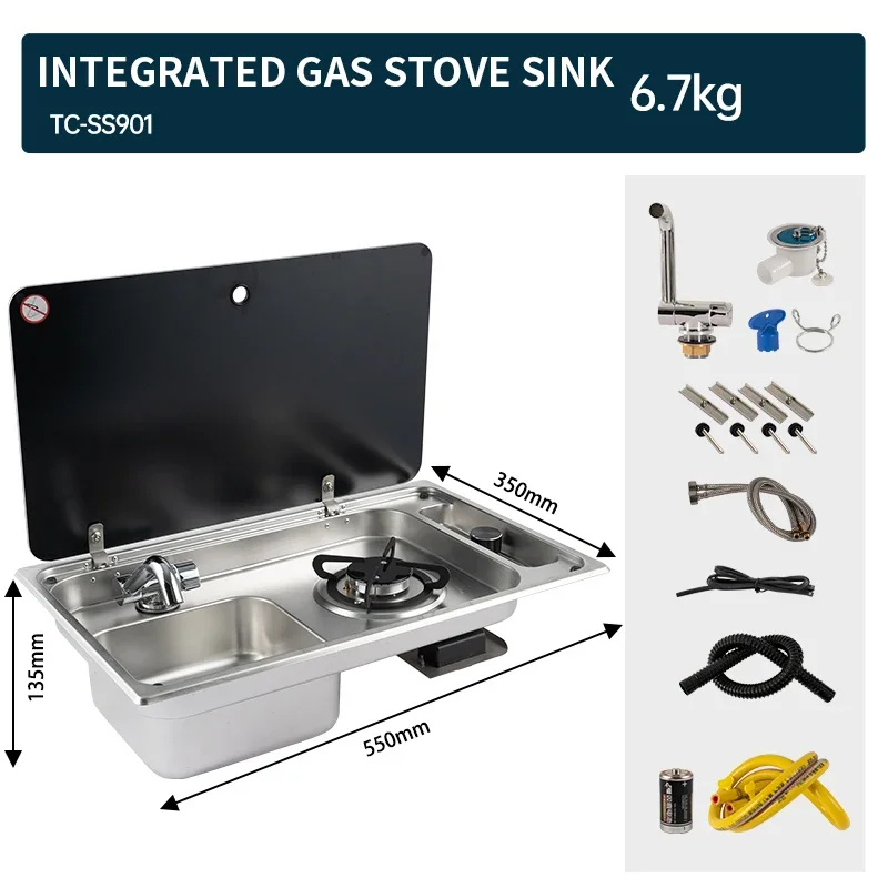 RV Stainless Steel Stove Sink And Induction Cooker Combination Unit With Tempered Glass Lid For Caravan Motorhome Yacht