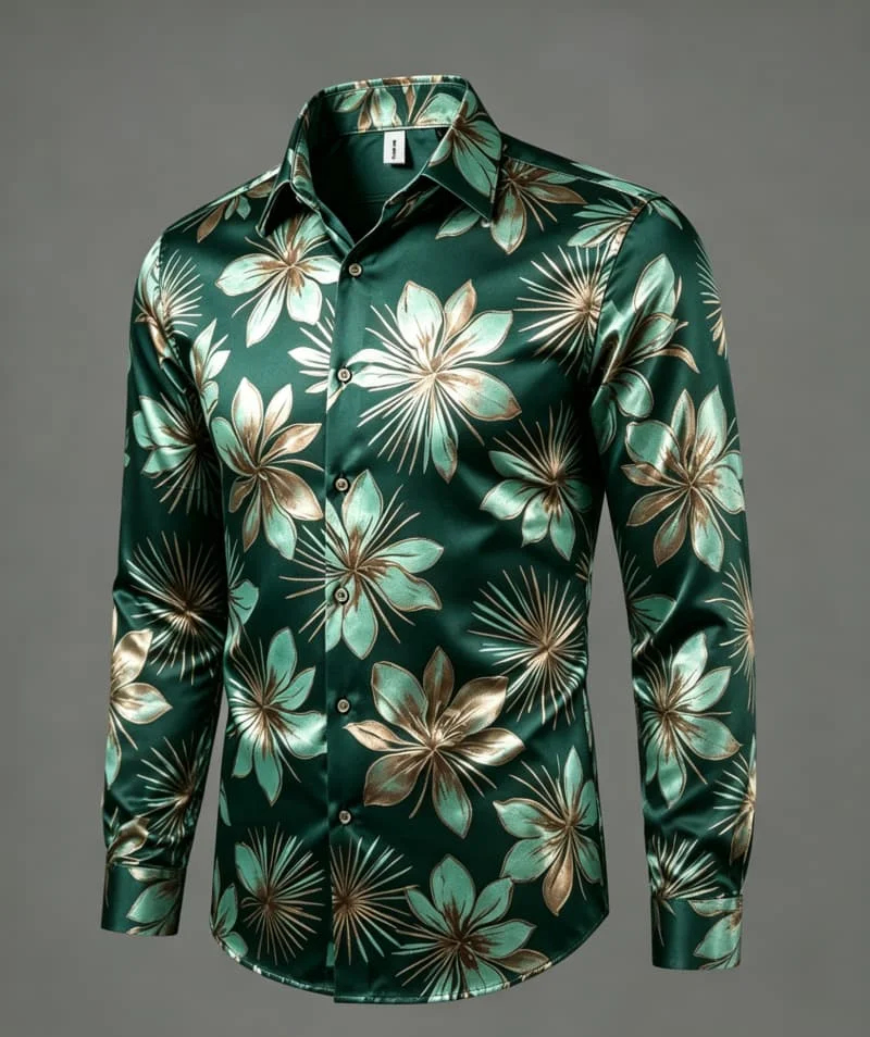 

Men's metallic floral print long sleeved shirt, suitable for beach vacations, parties, and luxurious/fantasy style outfits