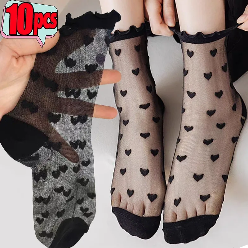 Transparent Summer Wood Ear Edge Socks Heart Stocking Ultrathin Women Nylon Female Short Ankle Elastic Crystal Spring Silk Sox