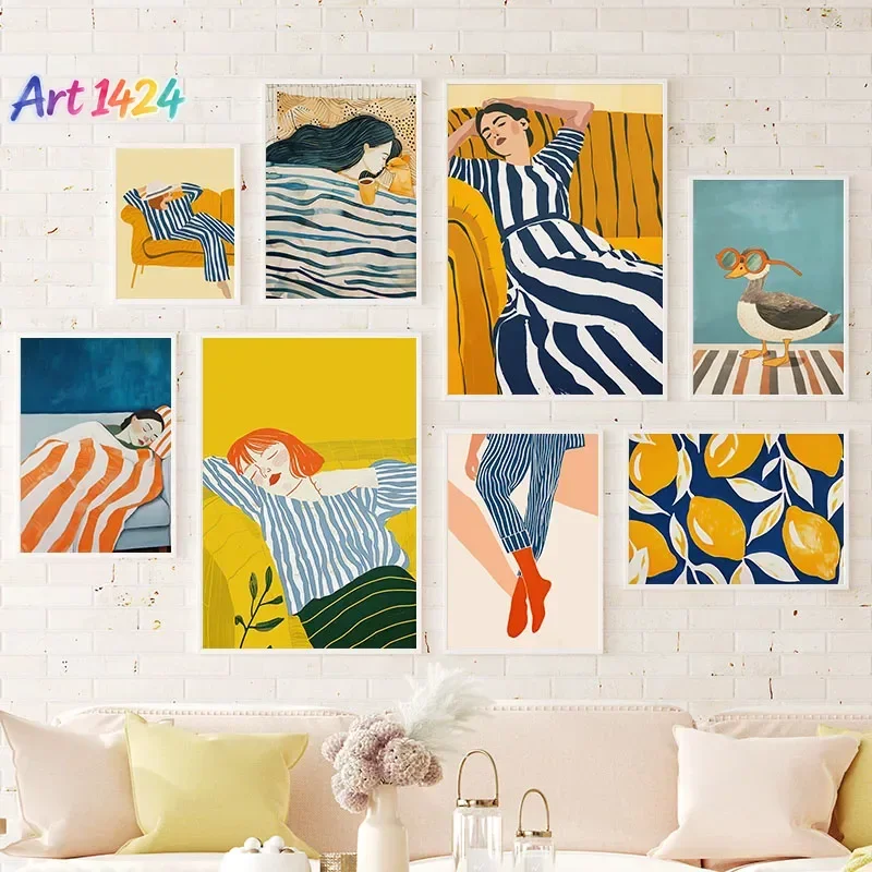 Line Striped Girl Coffee Lemon Duck Wall Art Canvas Painting Abstract Posters Prints Hotel Bar for Living Room Office Wall De