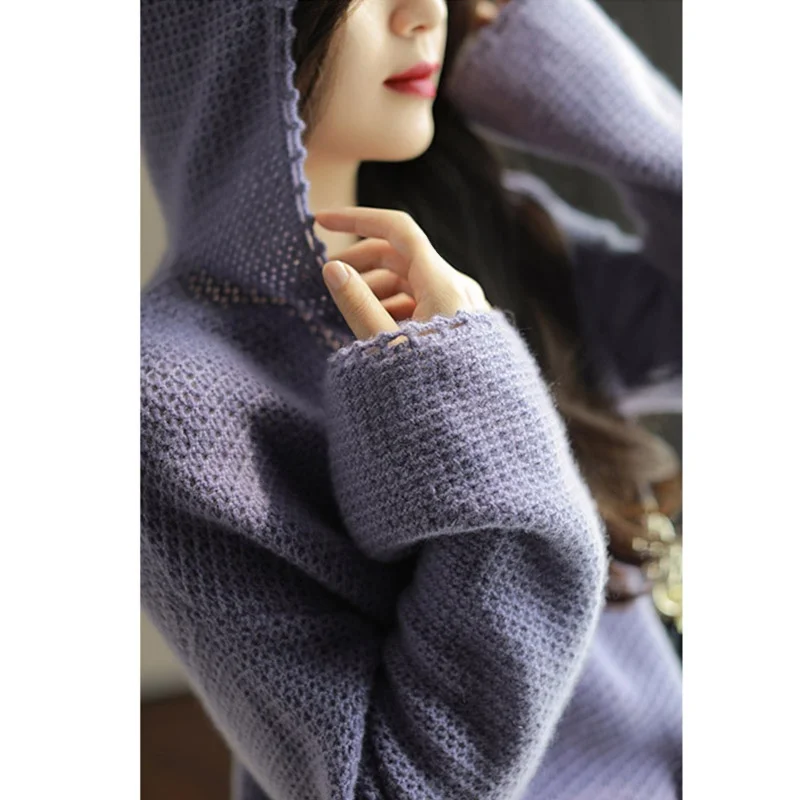 

Ladies Long Sve Knitted Hat Hooked Flower Boting Sweater Comfortable Korean Sle Loose Fit Embroidered Design Autumn E...