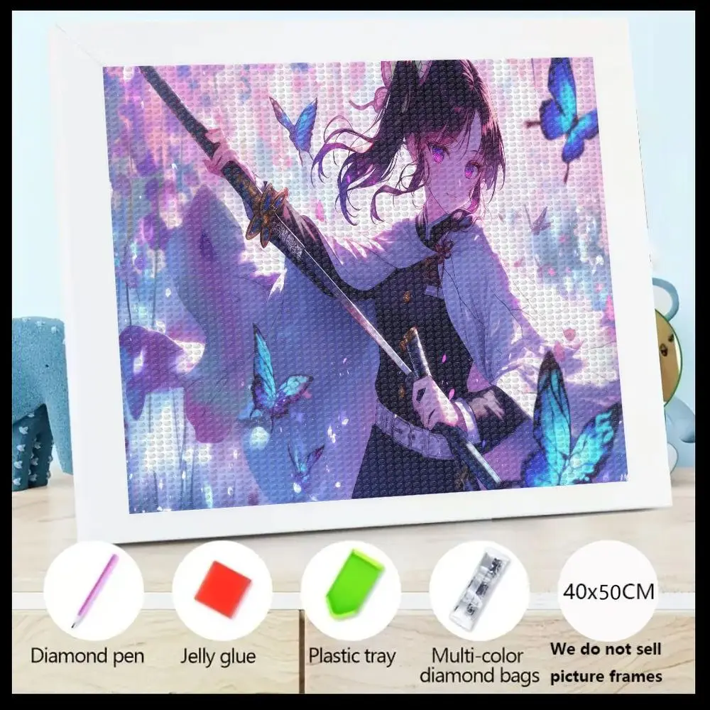 

1 шт., 40x50 см, 5D алмазная живопись, аниме-стиль, девушка с черными волосами, фиолетовые глаза, держащая катана с голубыми бабочками, сделай сам, кристалл Di