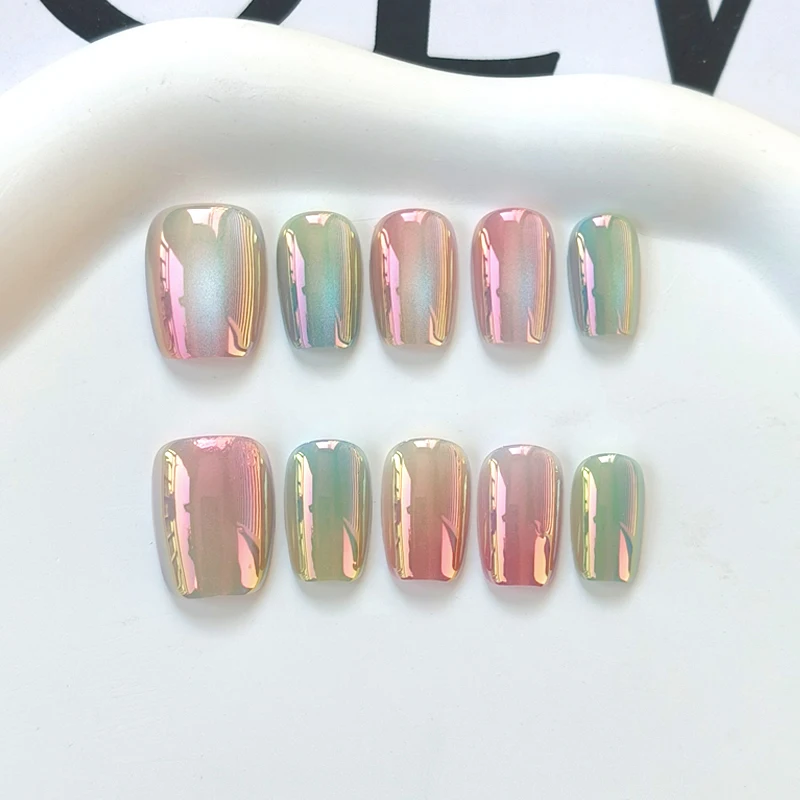 10pcs Electroplated Colorful Glass Beads Short Round Square Head Cats Eye Nail Tips Girl Lady Versatile Press on Nail False Nail