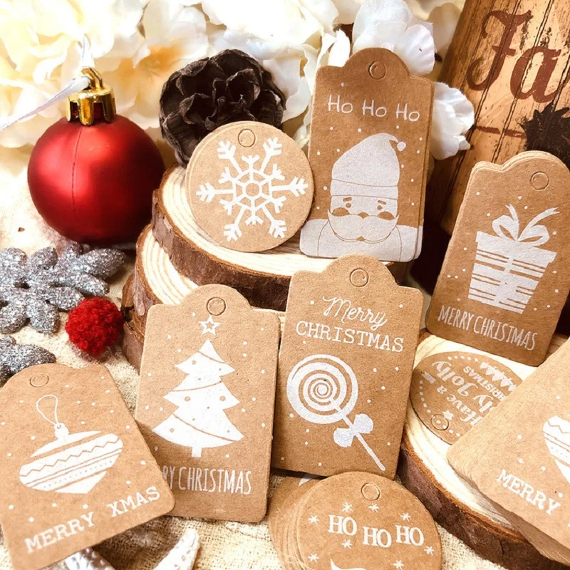 50PC Christmas Kraft Paper Tag Merry Christmas Gift Tag Santa Claus Snowflake DIY Gift Wrap Label Hang Tag Christmas Decoration