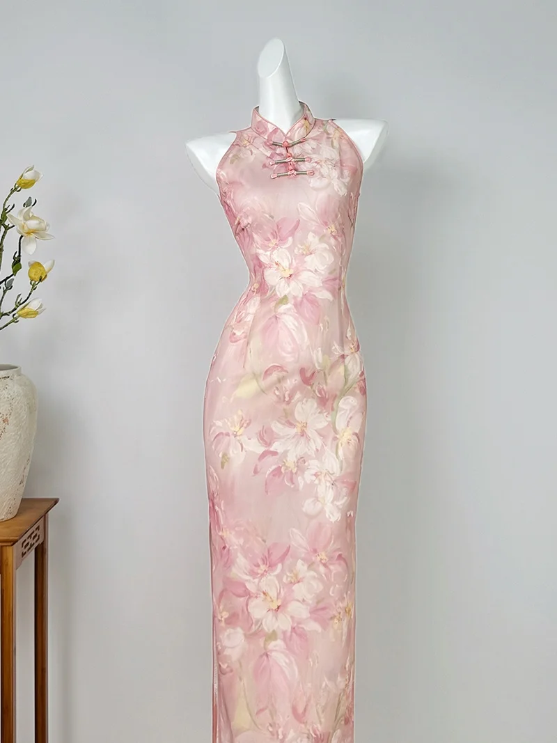 

DanYuPure New Chinese Style Pink Neck Hanging Young Waist Cinched Summer National Style Long Qipao Dress for Women