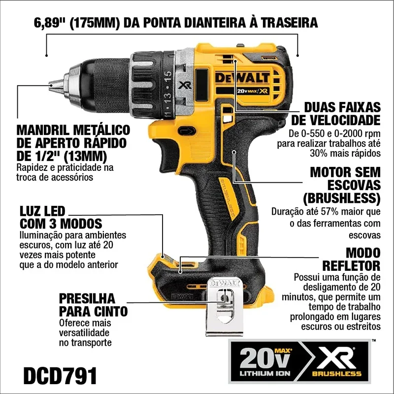 DEWALT DCD791 Cordless Compact Drill 18V/20V Lithium Battery Brushless Power Tools Variable Speed Electric Screwdriver DCD791M1