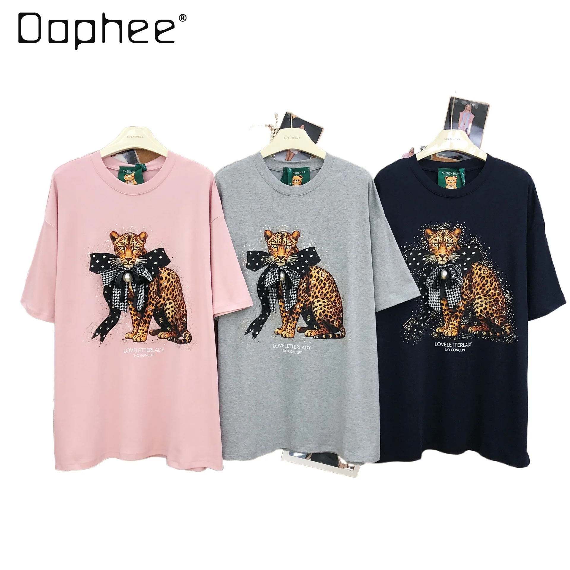 

Heavy Industry Hot Diamond Leopard Printing Short Sleeve T-Shirt American Retro Loose Medium and Long T-Shirt Tide with Brooch