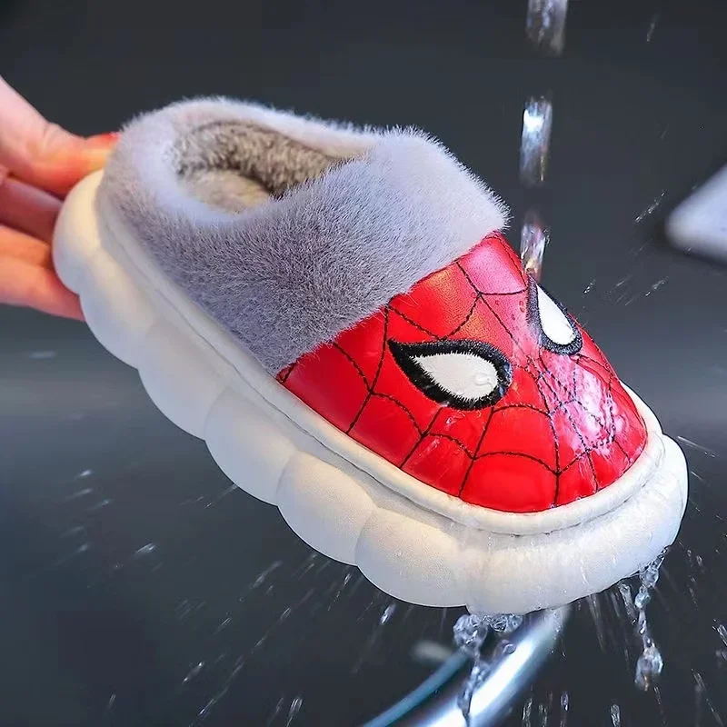 Disney Winter Children Baby Boy Cotton Slipper Cartoon Spiderman Print Kids Non Slip Warm Plush Waterproof Girl Home Shoes 26-36