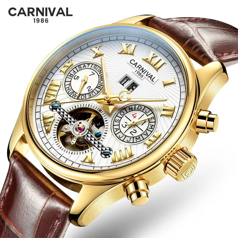 

CARNIVAL Men Watch Casual Fashion Mechanical Watches Luxury Gold Case Tourbillon Men Automatic Watch Luminous Waterproof Reloj