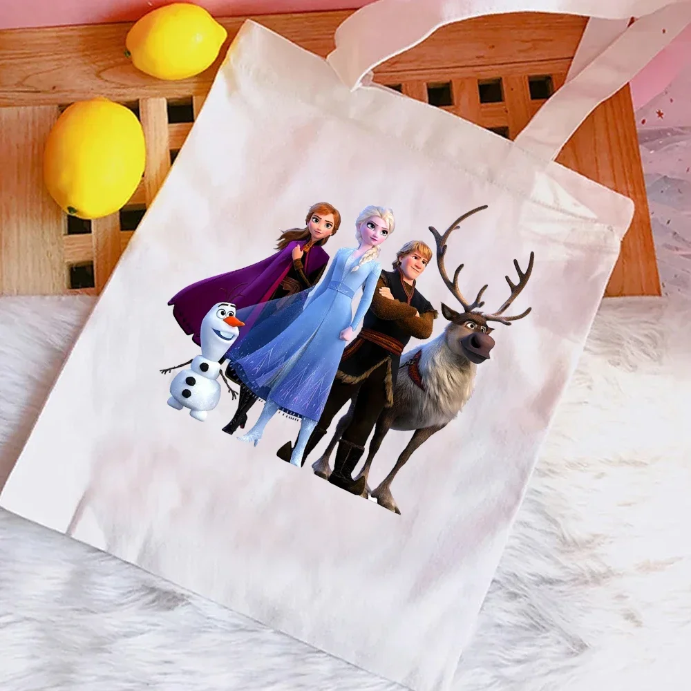 Frozen Elsa Anna Canvas Schoudertas Print Handtassen Voor Vrouwen Grote Capaciteit Shopper Bakken Mode Katoen Casual Boodschappentassen