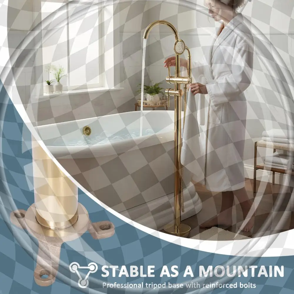 

Floor Mount Bathtub Faucet with Hand Sprayer Luxury Brushed Gold Bathtub Faucet 360° Rotating 2 Modes Hot & Cold Showers System