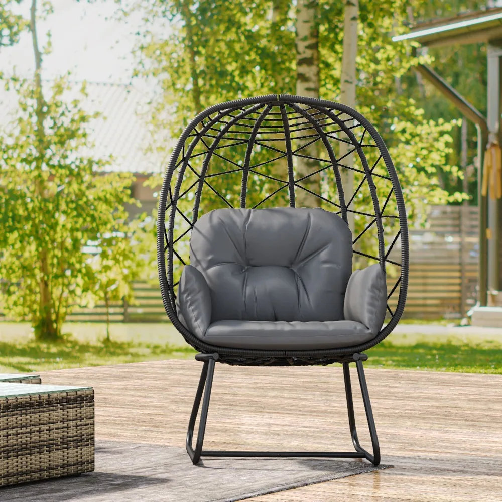 

Egg Chair Freestanding Outdoor Indoor Patio Wicker Lounger w/Stand Cushions