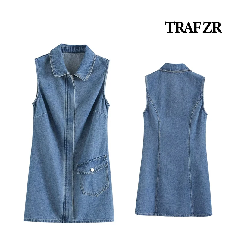 TRAF ZR Mini Denim Shirt Dress for Women Front Zipper Pocket Jean Women Dresses Casual Summer Dress Patched Jean Female Outfit