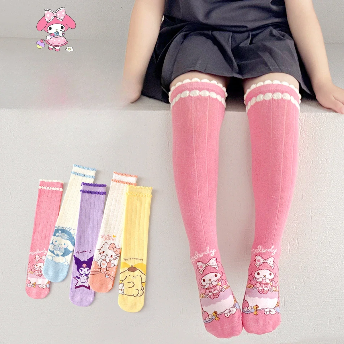 Kawaii Kuromi Over-The-Calf Socks for Kids Sanrio Hello Kitty My Melody Pompompurin Cinnamoroll Girls Lolita Knee High Socks