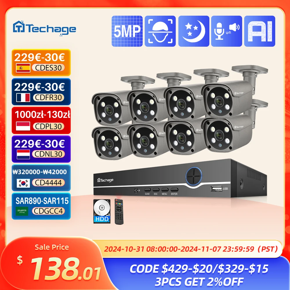 

Techage 8CH 5MP Security Video Surveillance Kit Color Night Vision Outdoor Waterproof CCTV System POE IP Camera Two Way Audio